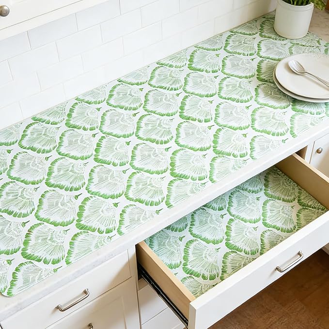 Drawer and Shelf Liner - Green Banana Leaf Pattern,Non Adhesive Non Slip Waterproof Easy-Clean Liner for Kitchen Cabinet, Refrigerator, Bathroom, Pantry Storage Drawers, 17 in x 20 Ft.