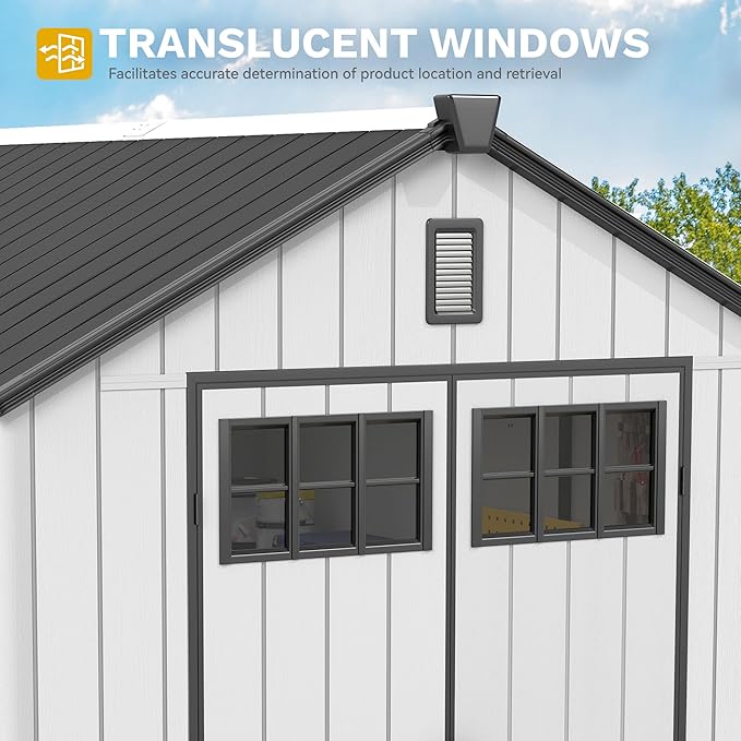 DWVO 8x10 FT Outdoor Storage Shed with Vision Grid Door Panel, 544 cuft Plastic Storage Shed with Floor & Vent, 16mm Heavy Duty Tool Garden Shed for Patio Supplies, Lawn Mower, Bikes, Dark Gray