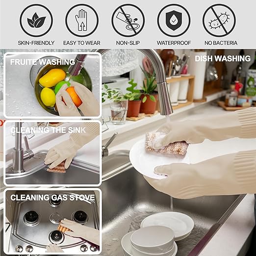 Mamison 2 Pairs Reusable Waterproof Household Dishwashing Cleaning Rubber Gloves, Non-Slip Kitchen Glove (Ivory, Large (Pack of 2))