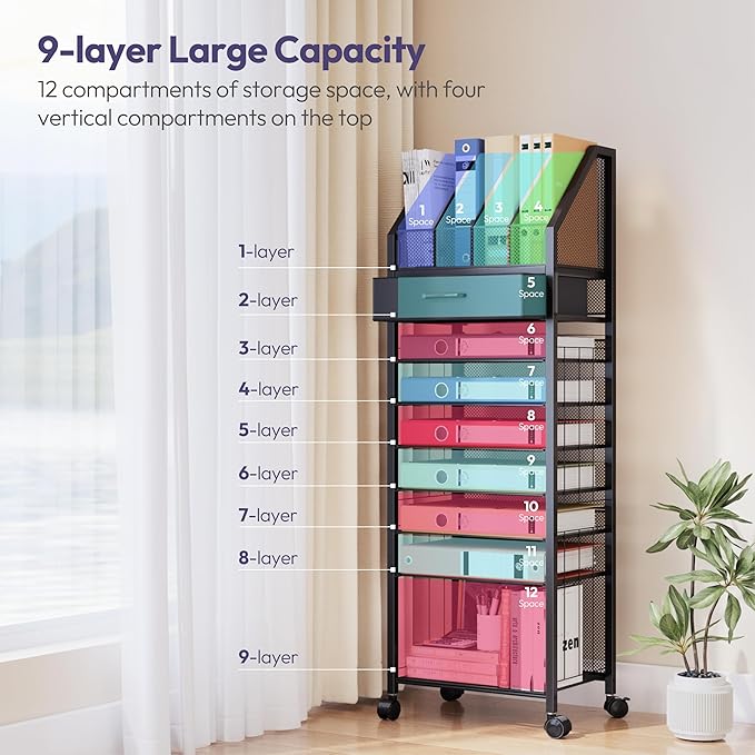 SWTYMIKI 9-Tier Rolling File Cart - Paper Organizer with Drawer and Trays, Wood Desk Office Organizer, Office Organization and Binder Storage for Workspace, Home, School, Black