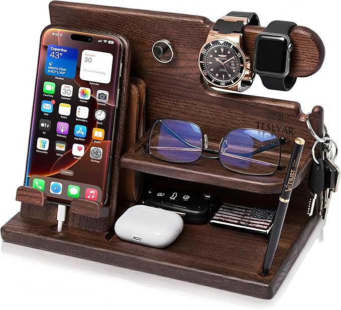 TESLYAR Wood Phone Docking Station for Men - Desk or Nightstand Organizer - Birthday Gifts for Husband, Dad - Anniversary Idea from Wife - Key Holder, Stand Wallet, Watch & Essentials (Bourbon Brown)