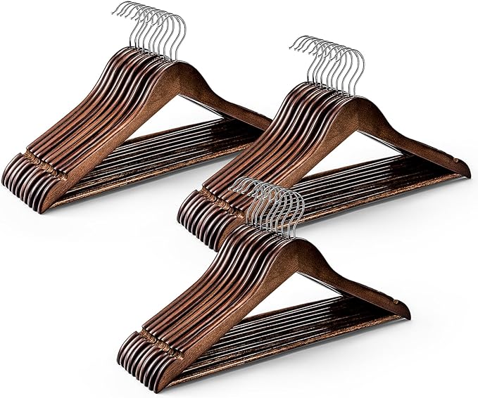 HOUSE DAY Bulk Wooden Hangers 100 Pack, Heavy Duty Wood Coat Hangers for Closet, Smooth Finish Woode Suit Hanger with Non Slip Pants Bar, Sturdy Wood Clothes Hanger for Shirts, Walnut