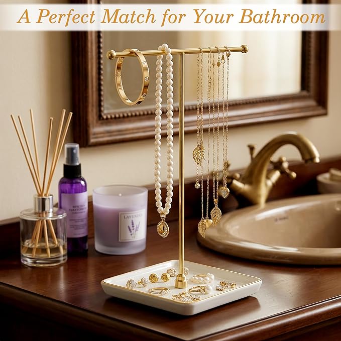 Jewelry Holder Stand with Ceramic Base: 12" Tall Necklace Organizer Rack, Tree Design Display Storage for Necklaces, Bracelets, Rings, Earrings, Aesthetic Vintage Room Décor (Gold)