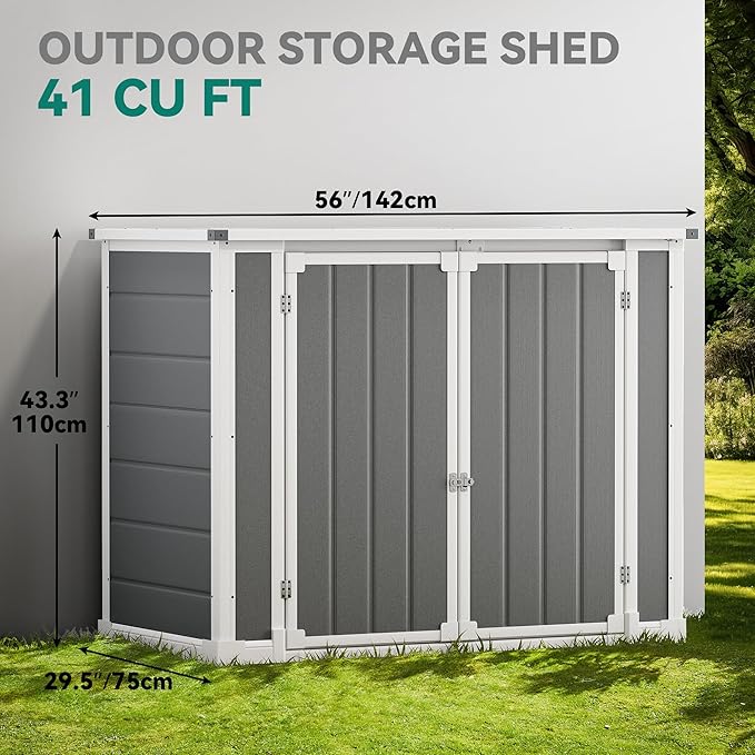 DWVO 41 Cu.ft Horizontal Resin Storage Shed, All Weather 4.7x2.5 FT Outdoor Garden Shed with Hydraulic Struts, 3 Locks, Lockable to Floor for Garden Tools, Trash Cans, Gray