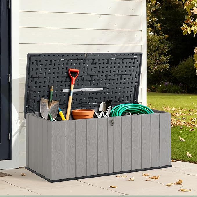 Aoxun 157 Gallon Outdoor Deck Box, Large Resin Storage Box with Lid, Waterproof & UV-Resistant Patio Storage for Cushions, Garden Tools, and Pool Accessories (Grey)