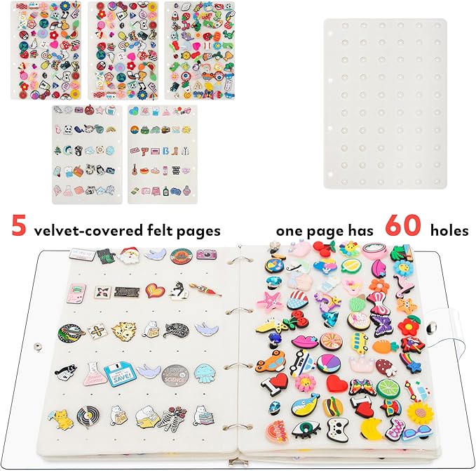 PACMAXI Shoe Charms Display organizer, Pin Organizer, A4 Collection Booklet with 5 Pages for Shoes Charms or Pins (Not Include Any Accessories)