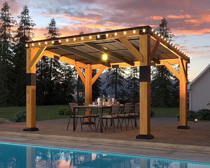 Jocisland 10x12x8 FT Cedar Wood Carport, Heavy Duty Canopy Carport with Sloped Galvanized Steel Roof for All Weather, Permanent Shelter for Tractor, Motorcycle, Bike & Garden Tools