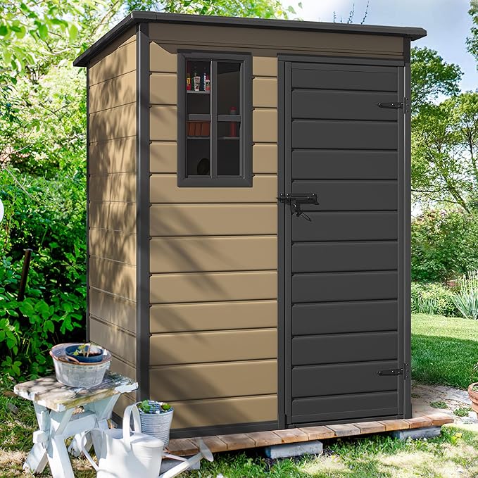 DWVO 5x3ft Resin Outdoor Storage Shed with Floor, Waterproof Lockable Storage Shed with Window, Plastic Outside Tool Storage for Garden, Backyard, Patio, Lawn, Brown