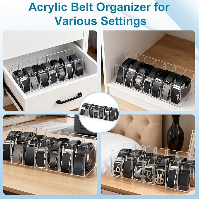 Acrylic Belt Organizer for Closet, 7-Compartment Belt Storage Holder Rack, Clear Belt Box for Men’s & Women’s Belts, Tie & Scarf Organizer, Stackable or Wall-Mount Accessory Storage