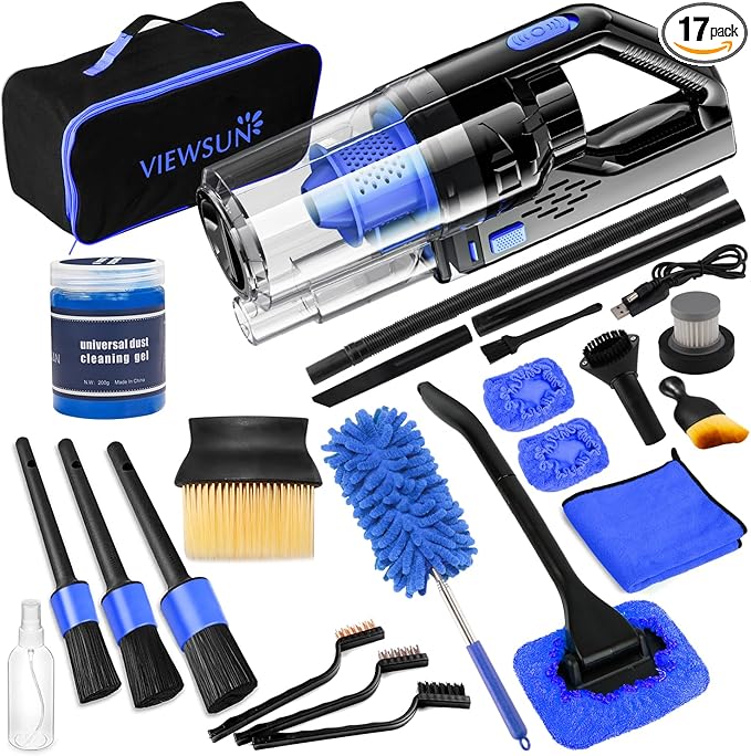 Viewsun Car Cleaning Kit, Car Interior Detailing Kit with High Power Handheld Vacuum Cordless Rechargeable, Detailing Brush Set, Windshield Cleaner, Complete Auto Accessories for Men, Women Gift