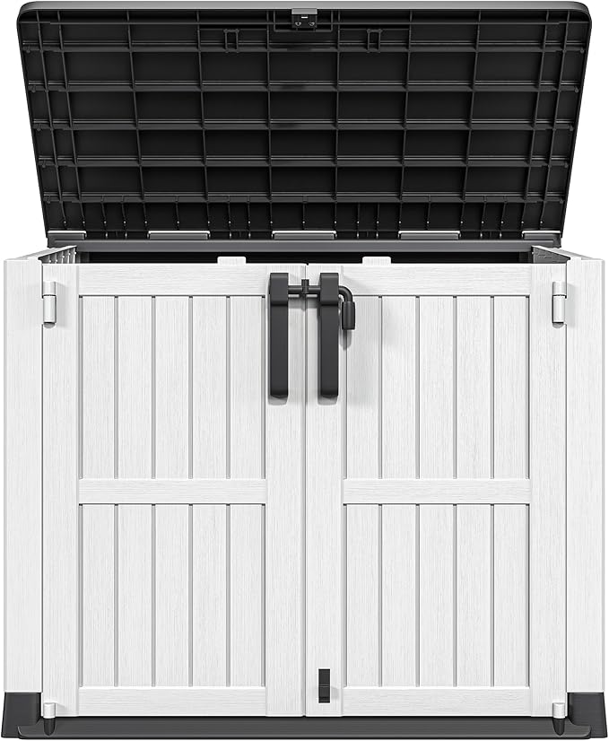 DWVO 36 cu ft Tool Storage Shed, Storage for Bakcyard, Patio, and Garden, Resin Plastic Shed with Sloped Lid, Lockable Door, and Wood Grain Finish, Light Gray