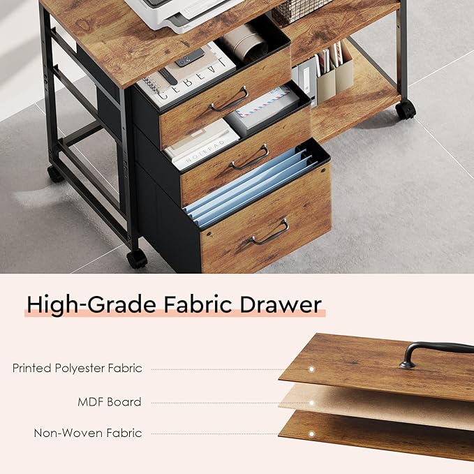3 Drawer File Cabinet with Wheels Rolling Printer Stand with Open Storage Shelf Fabric Lateral Filing Cabinet for Home Office,Rustic Brown2
