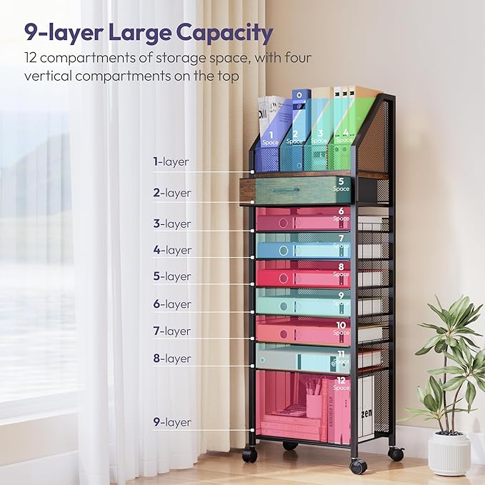 SWTYMIKI 9-Tier Rolling File Cart - Paper Organizer with Drawer and Trays, Wood Desk Office Organizer, Office Organization and Binder Storage for Workspace, Home, School, Espresso