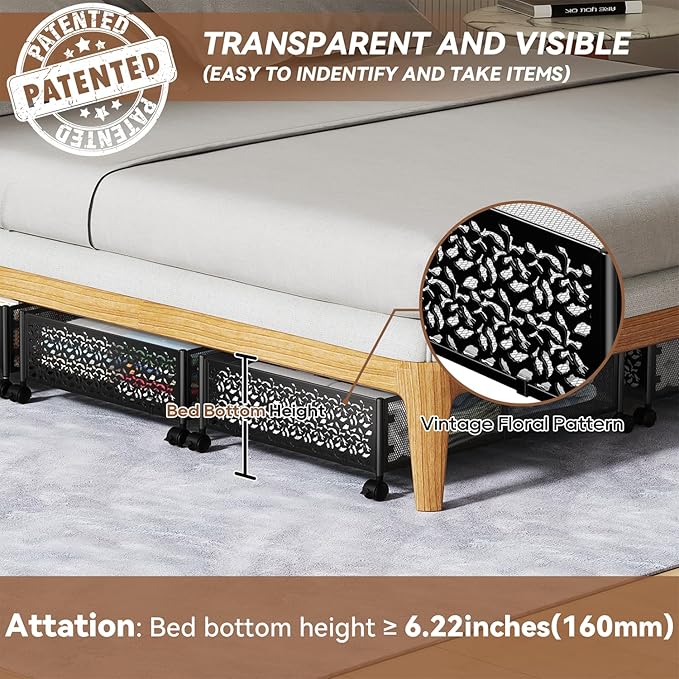 Under Bed Storage Containers with Wheels, Under Bed Shoe Storage Organizer Drawer, Tool-free Assembly Metal Storage Containers for Bedroom Clothes Shoes Blankets -2PCK