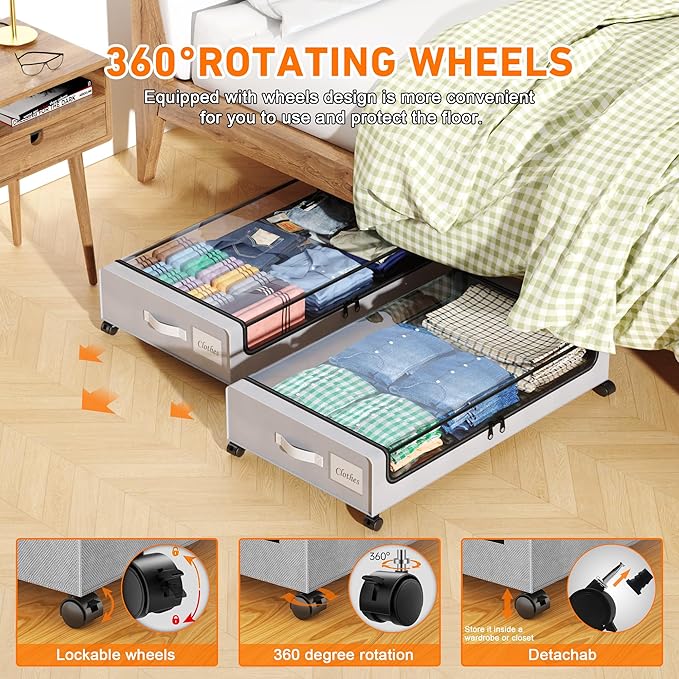 Under Bed Storage with Wheels, 2 Pack Under Bed Storage Containers with Dividers & Clear Lids, XXL 65L Under the bed storage Organizer Bins, Underbed Storage with Wheels for Clothes (Gray, 2 Pack)