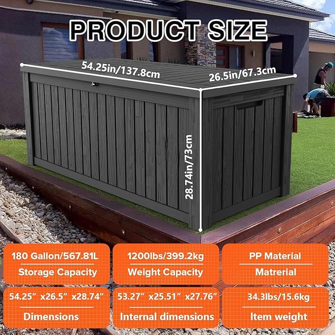 Outdoor Storage Box Waterproof, 180 Gallon Lockable Resin Deck Box Large Storage Bin for Patio Furniture Cushion, Garden Tools, Pool Accessories, UV-Resistant Outside Delivery, Black