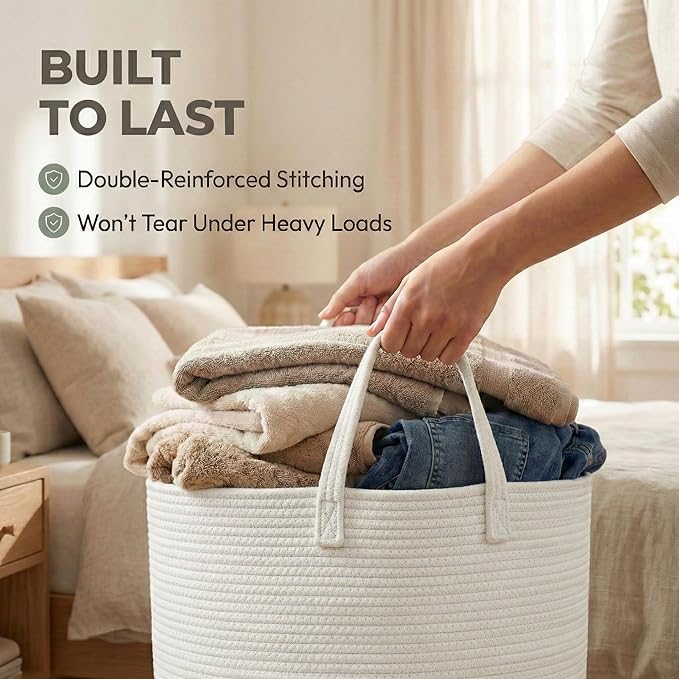 65L Extra Large Blanket Basket for Living Room - Woven Cotton Rope Laundry Hamper with Reinforced Handles - Storage Bin for Pillows, Comforters & Toys - Machine Washable,White