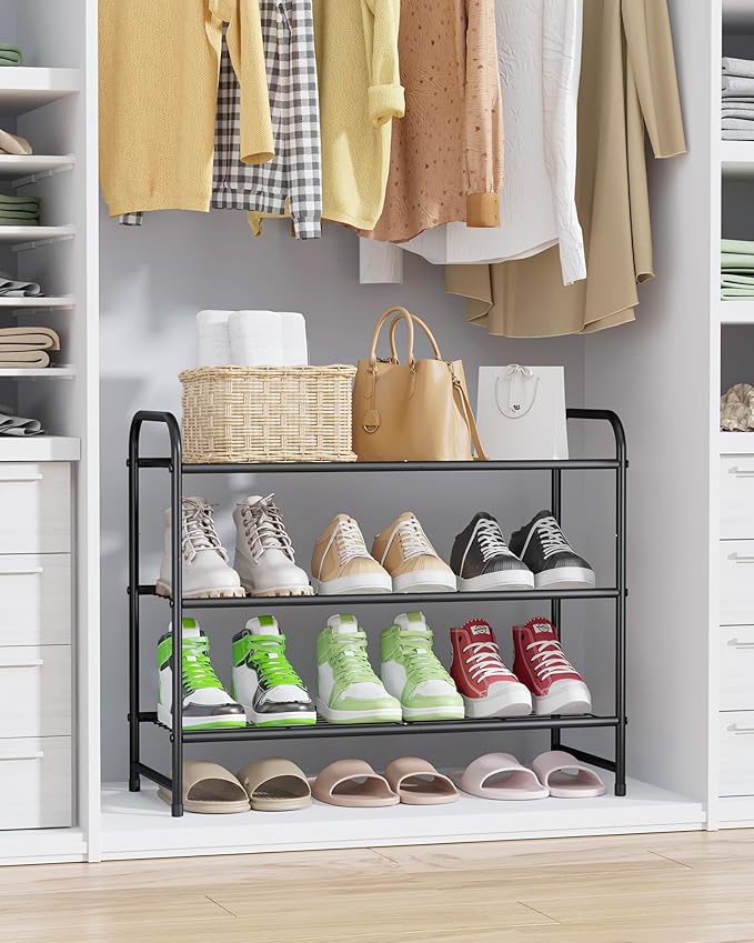 Kitsure Shoe Rack - Stainless Steel Shoe Organizer, Sturdy Shoe Rack for Closet and Front Door Entrance, Free Standing Shoe Shelf, Closet Organizers and Storage, 25.6" Wide - 3 Tier, Black