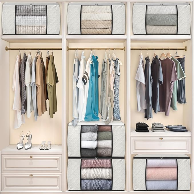 Fab totes 24 Gallons Clothes Storage, Foldable Thick Fabric Blanket Storage Bags, Containers for Organizing Bedroom, Closet, Clothing, Comforter, Organization with Handle (6 Pack,Ivory)