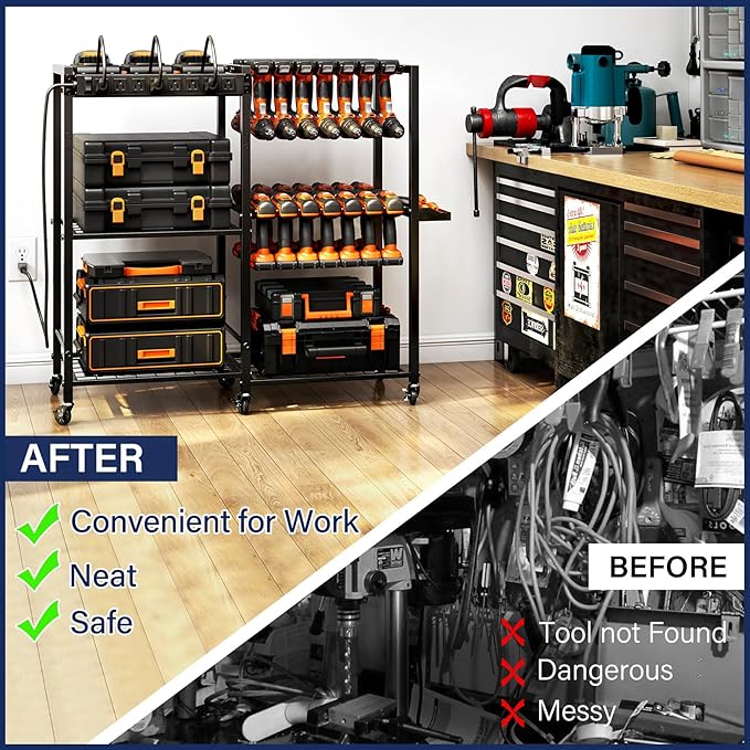 TC-HOMENY Power Tool Organizer Cart with Charging Power Strip, 28 Drill Tool Garage large Storage Racks with Wheels, Heavy Duty Tools Organizer Station, Festive Gifts for Men Dads