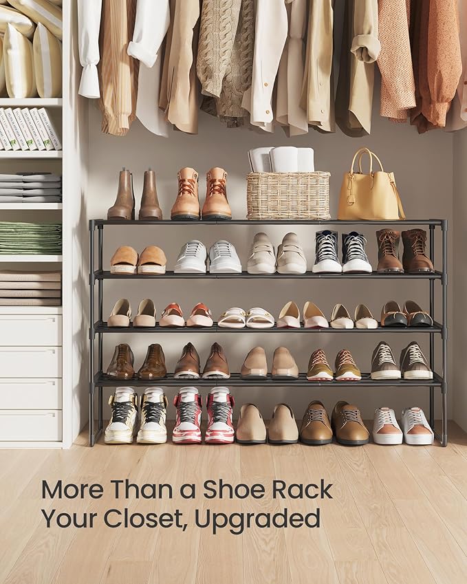 SONGMICS Shoe Rack, 4-Tier Shoe Organizer, Metal Storage Shelf, Upright or Upside Down, for 25-30 Pairs, Stackable, for Entryway, 11.8 x 46.1 x 29.5 Inches, Black ULSA034B01
