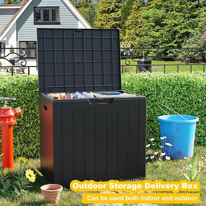 33 Gallon Outdoor Deck Box, Lockable Waterproof Outdoor Storage Boxes For Garden Tools,Indoor Cushions,Accessories Outside Storage Resin Weatherproof Container(Black)