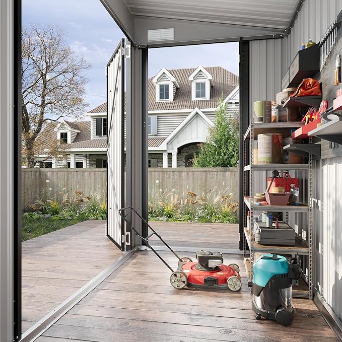 7.5'x4' Large Outdoor Shed with 3-Lockable Door & Sloping Roof, Heavy-Duty Galvanized Metal Garden Storage for Bikes, Tools, Snow Blowers (Black)