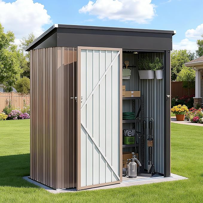5x3FT Outdoor Storage Shed, Metal Garden Tool Shed with Sloping Roof & Lockable Door (Brown，5'x3')