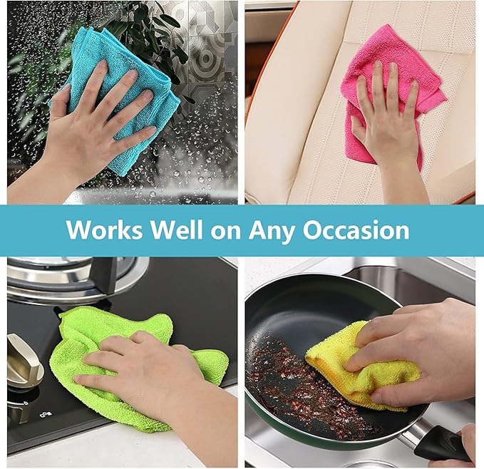 HOMEXCEL Microfiber Cleaning Cloth, 5 Pack Cleaning Towels for Kitchen, Lint Free, Scratch-Free, Highly Absorbent, and Reusable Cleaning Rags for House, 11.5 X11.5 inch (Green/Blue/Yellow/Pink)