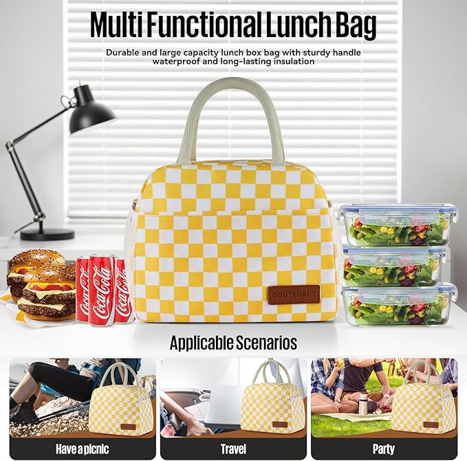 Lunch Bag Women/Men Lunch Box Women/Men (Yellow+White Checkerboard)
