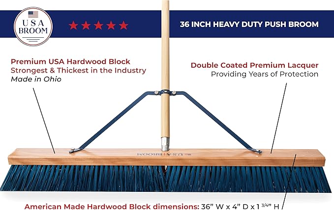 1-Pack - 36" Heavy Duty Outdoor Push Broom with 60" Handle. Ideal for Asphalt, Concrete & Heavy Debris. Durable American Made Steel Brackets-Stainless Steel Hardware. No Plastic. 100% USA Made
