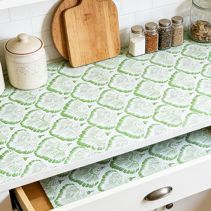 Drawer and Shelf Liner - Green Banana Leaf Pattern,Non Adhesive Non Slip Waterproof Easy-Clean Liner for Kitchen Cabinet, Refrigerator, Bathroom, Pantry Storage Drawers, 17 in x 30 Ft.