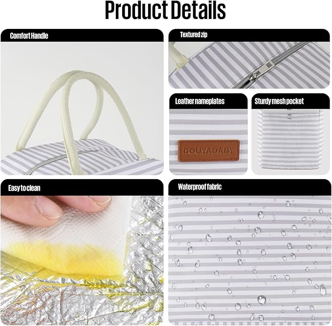 Lunch Bag Women/Men Lunch Box Women/Men (Grey+White Stripes)