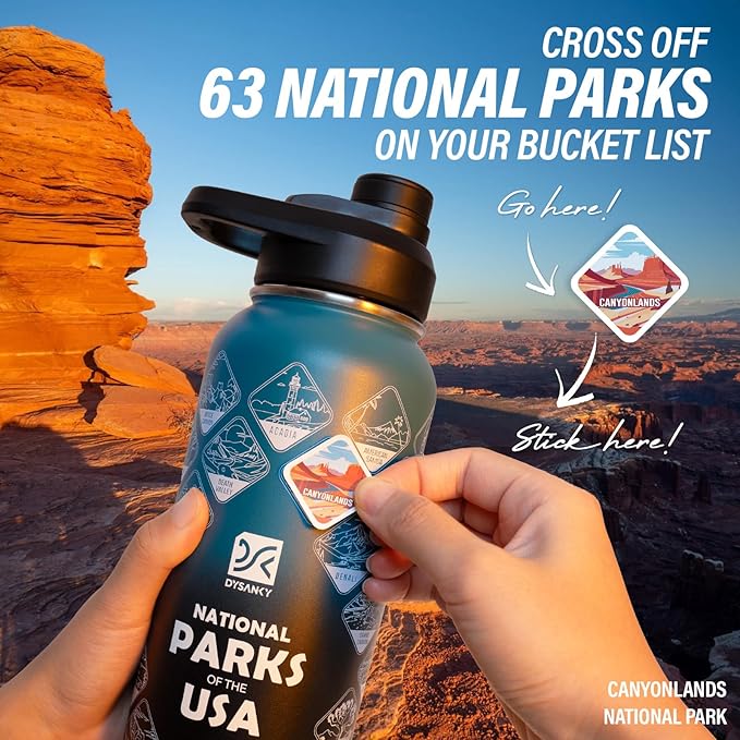 National Parks Water Bottle – 32 oz Insulated Stainless Steel Bottle with 63 Hand-Drawn Park Stickers, Carrier Bag, Strap & Gift Box – BPA-Free – Ideal for Hiking, Camping & Travel