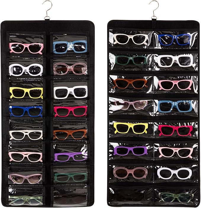 Dual Sided Sunglasses Storage organizer case, Eyeglasses Holder Wall Mounted with 32 Clear Slots & Metal Hook, Dust Proof Sunglasses Storage Case