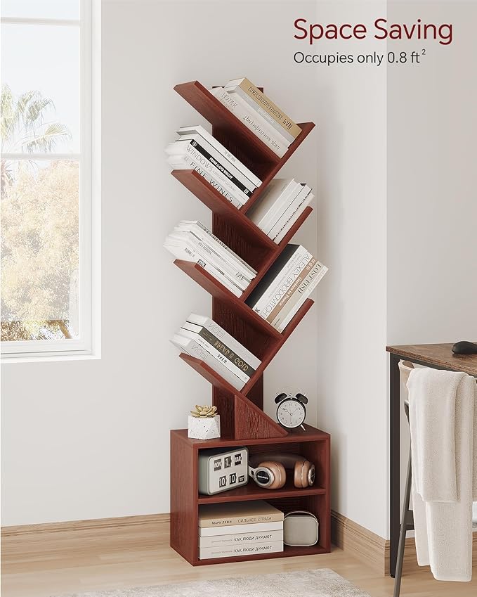 SUNMORY 6 Tier Tree Bookshelf, Tall Bookcase with Storage Cabinet, Modern Narrow Bookshelves Organizer, Floor Standing Book Shelf for Bedroom/Living Room/Home Office/Corner, Cherry