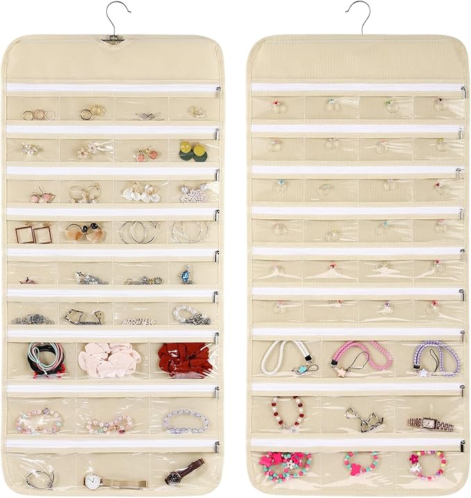Hanging Jewelry Organizer Storage with Hanger, 66 Pockets Earring Holder Organizer Necklace Holder with Zippers for Woman Travel Storage Roll with Pockets Hang Closet Wall Door 1pcs
