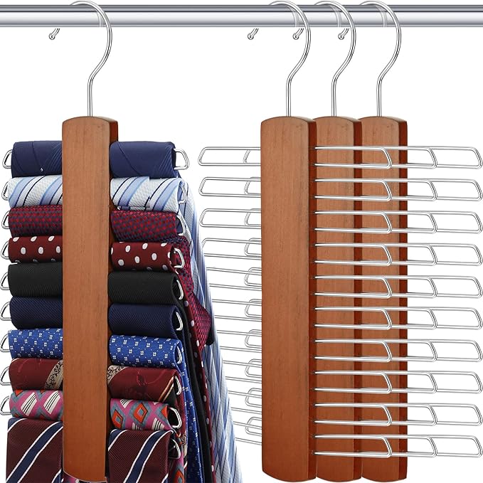 4 Pieces Tie Hanger for Men Wooden Necktie and Belt Hanger Wooden Tie Rack Holder Walnut Center Organizer and Storage Rack Finish 20 Hooks Space Saving Organizer for Closet(Archaize Color)