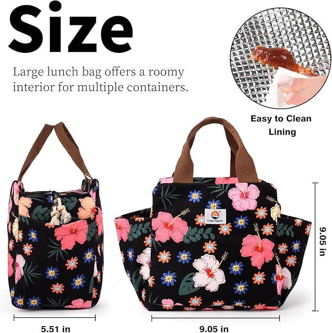 Lunch Box for Women, Large Capacity Lunch Bag Women with Bottle Holder & Side Pockets,Cute lunch box Insulated Lunch tote bag for Work Office Travel Picnic (Flower)