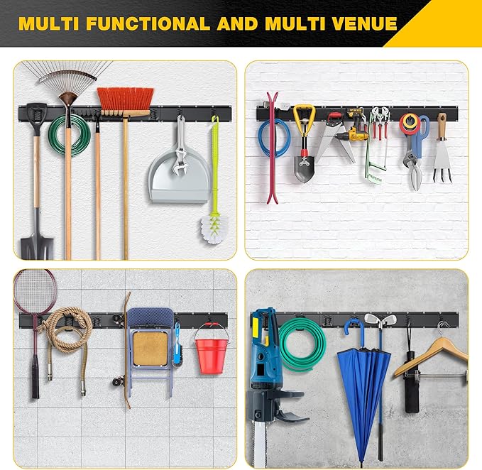 Garage Tool Organizer Wall Mount with 48 inches Rails and 7 Adjustable Heavy-Duty Hooks, Garden Tool Organizer, 10 Pack Carries 440 lbs, Heavy Duty Garage Storage Rack For Yard, Shed, Easy to install
