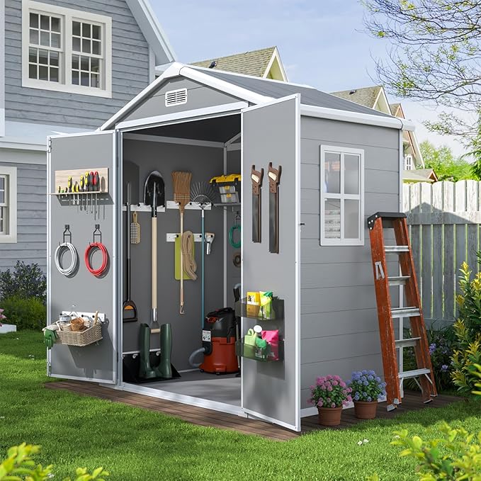 Aoxun 6x4 FT Outdoor Storage Shed, Plastic Garden Resin Shed with Floor and Window for Patio, Lawn, Outdoor Storage with Lockable Door for Bike, Garbage Can, Tools, Grey