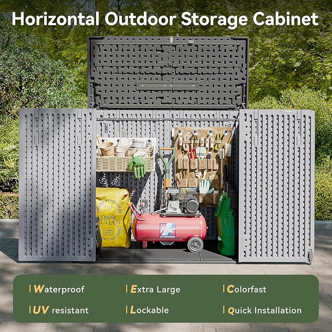 AOXUN Horizontal Storage Sheds 41 Cu.ft, HDPE Outdoor Storage Box 160 Gallon, Waterproof Lockable Resin Deck Box with Spring-Assisted Lid, Patio Storage for Garden, Pool, Cushions, Tools, Gray