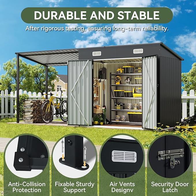 Aoxun 6x4FT Outdoor Storage Shed & Hardtop Gazebo Combo, 12x4FT Metal Lean to Shed with Open-Sided Pergola, 2-in-1 Durable Garden Tool Shed for Patio, Backyard, Deck