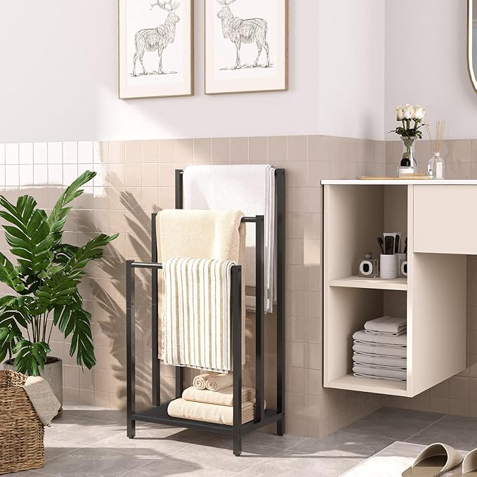 HOOBRO Free Standing Towel Rack, 3 Tier Blanket Rack, Blanket Holder for Bathroom, 16.9" L x 11" W x 31.9" H, Industrial Metal Drying and Display Rack with Shelf, Black BB03LB01