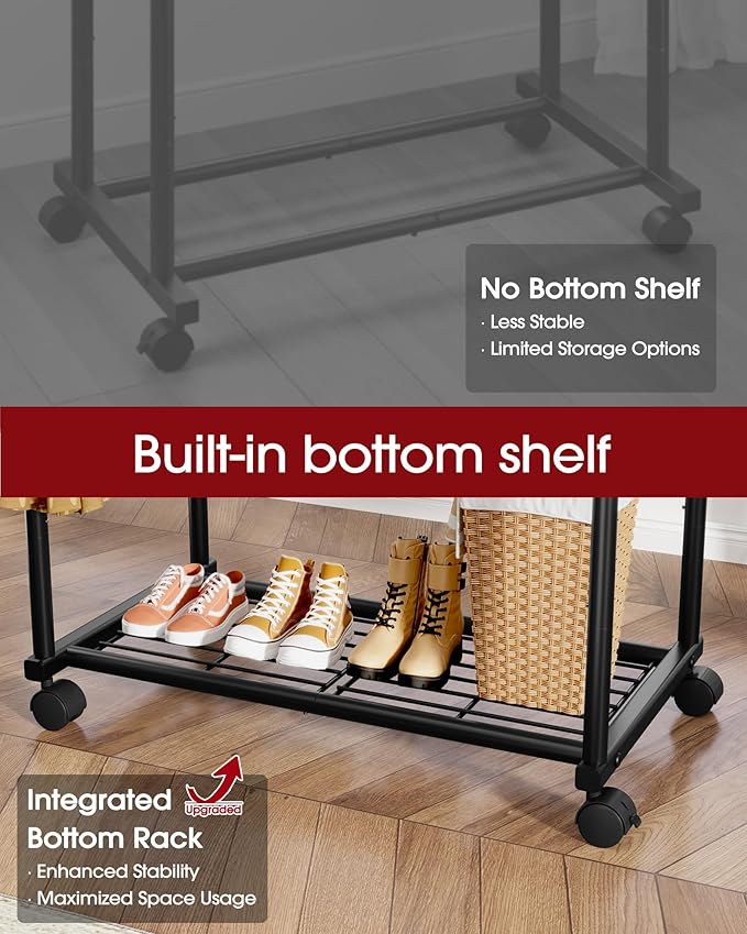 Metal Clothes Rack - Double Rod Clothing Rack with Fixed Extension Rod & Universal Wheels, Coat Rack with Built-In Shelf for Closet Organizers and Storage (38.5" x 16.9" x 59.0", Black)