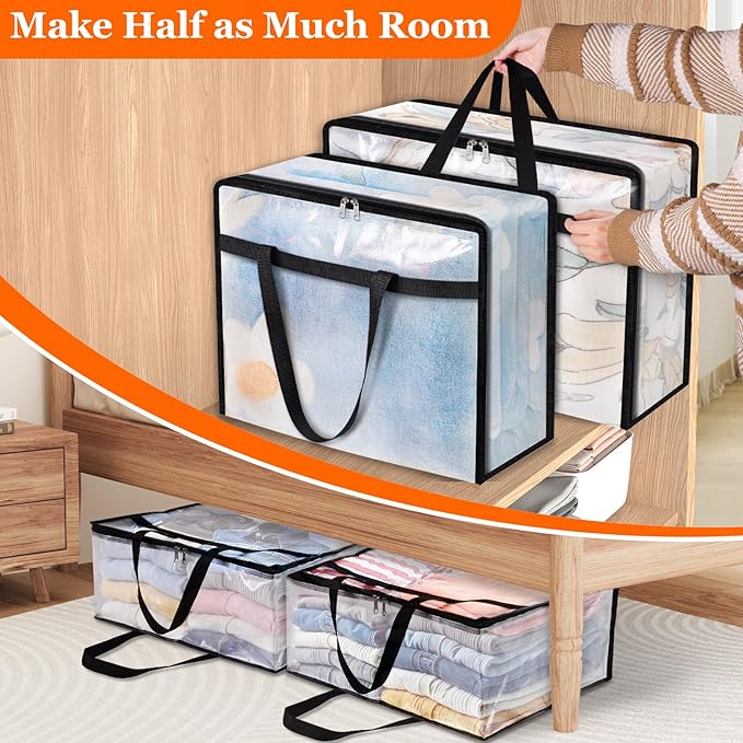 4 Pack Clear Storage Bags for Comforter, Clothes & Bedding, Plastic Blanket Storage with Zipper and Handle, Moving Bags, Closet Organizer and Under-Bed Storage (90L)