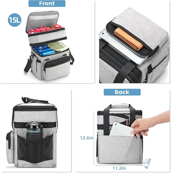 Insulated Lunch Bag & Lunch Box for Men - Double Deck Reusable Lunch Bag for Women Tote Cooler Bag Leakproof Soft Expandable - Large Lunchbox for Work/Adult/Picnic/Outdoor (Gray，15L)