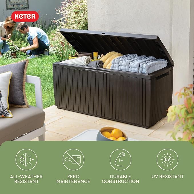 Keter Springwood 80 Gallon Resin Outdoor Storage Box for Patio Furniture Cushions, Pool Toys, and Garden Tools with Handles, Brown