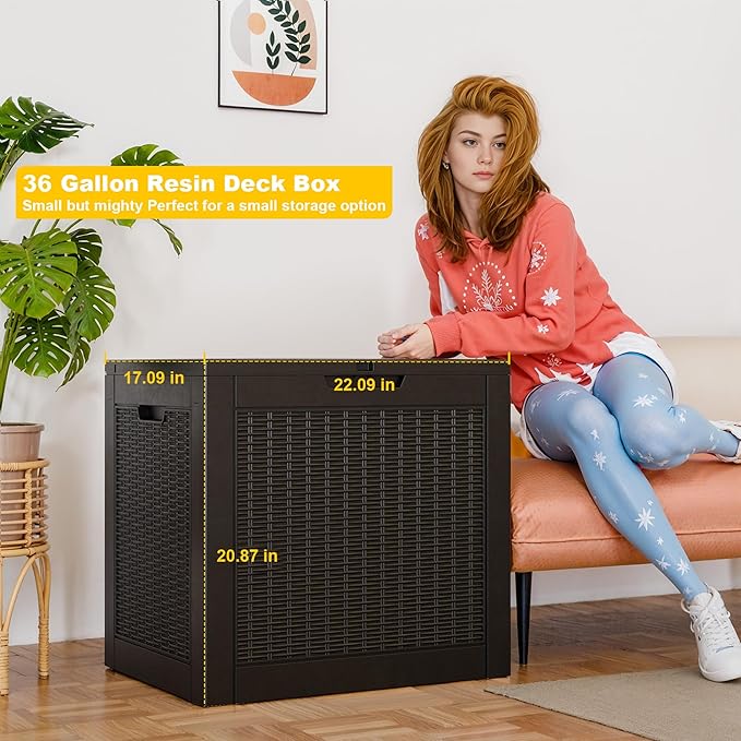 36 Gallon Outdoor Deck Box,Waterproof Resin Outdoor Storage Boxes, Outside Storage Lockable Container for Garden Tools,Indooor Cushions,Accessories (Black)