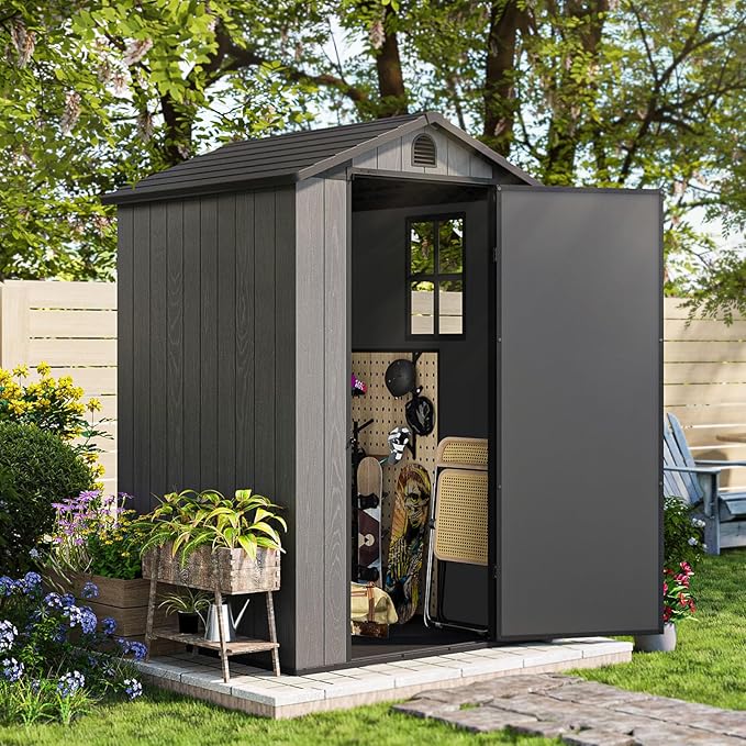 Patiowell 4 x 4 FT Plastic Outdoor Storage Shed with Floor, Garden Tool Resin Shed with Two Windows and Lockable Door for Garden, Backyard, Lawn, Easy to Install, Dark Grey